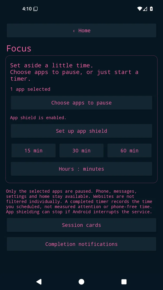 Setting up a focus session in the dumbphone mode